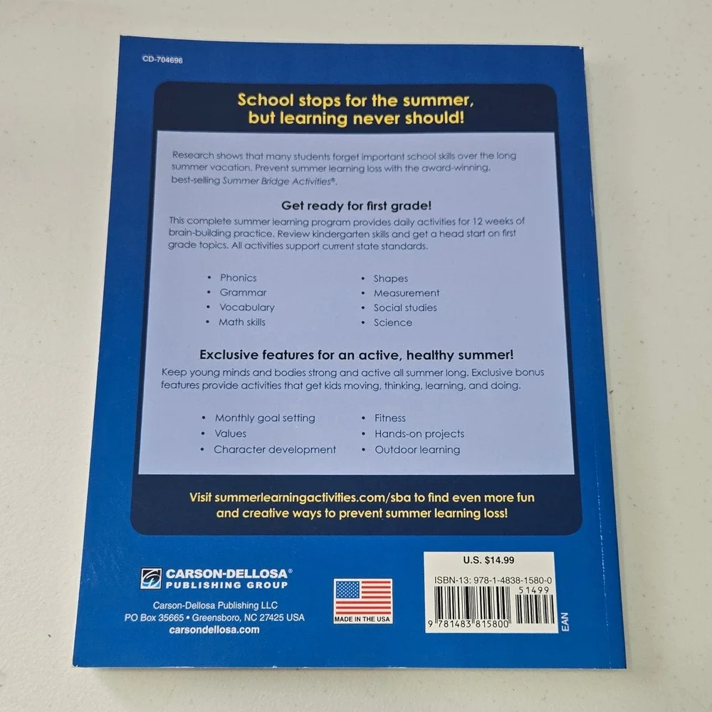 Summer Bridge Activities Bridging Grades K to 1 Workbook Carson Dellosa 704696